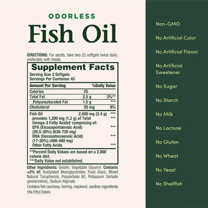 USA Supplements | Nature's Bounty, Odorless Fish Oil, 2,400 mg, 90 Coated Softgels ( Heart Health )