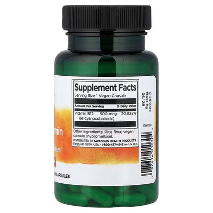 USA Supplements | Swanson, Vitamin B12, 500 mcg, 100 Vegan Capsules ( Energy Production )