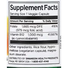 HealthilyYou | Swanson, Folic Acid & B12, 30 Veggie Caps Energy Support 2-in-1 Complementary Formula