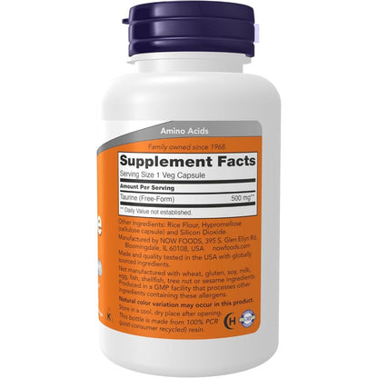 USA Supplements | NOW Foods, Taurine, 500 mg, 100 Veg Capsules ( Nervous System Health )