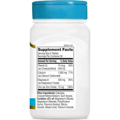 USA Supplements | 21st Century, Calcium Magnesium Zinc + D3, 90 Tablets ( Bone Support )