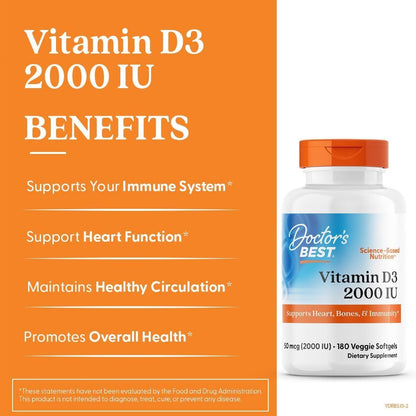 USA Supplements | Doctor's Best, Vitamin D3, 2,000 IU, 180 Softgels ( Bone & Teeth Support )