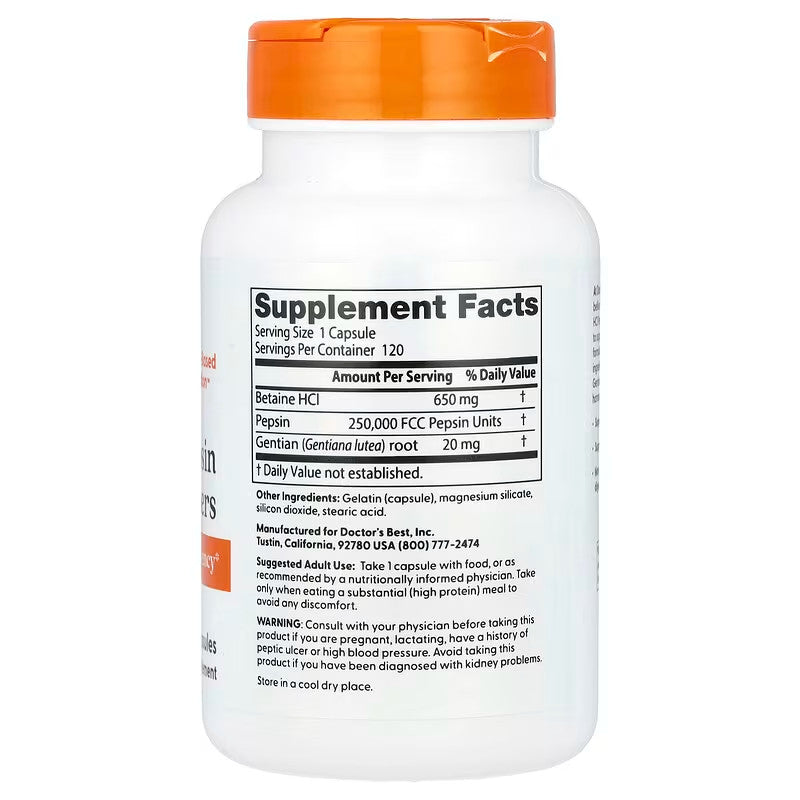USA Supplements | Doctor's Best, Betaine HCl Pepsin & Gentian Bitters ( Enhances Protein Digestion )