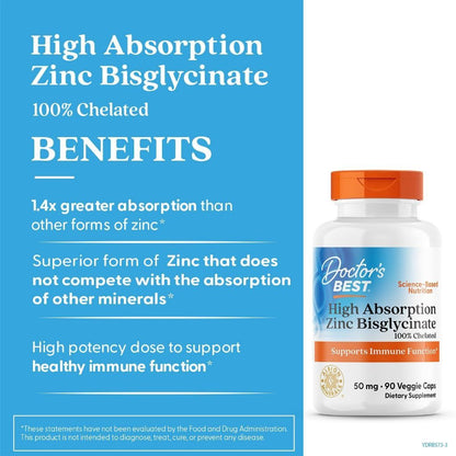 USA Supplements | Doctor's Best, High Absorption Zinc Bisglycinate ( Immune System Support )