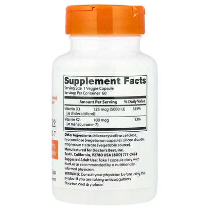 USA Supplements | Doctor's Best, Vitamin D3 + K2, MK-7, 60 Veggie Caps ( Supports Strong Bones )