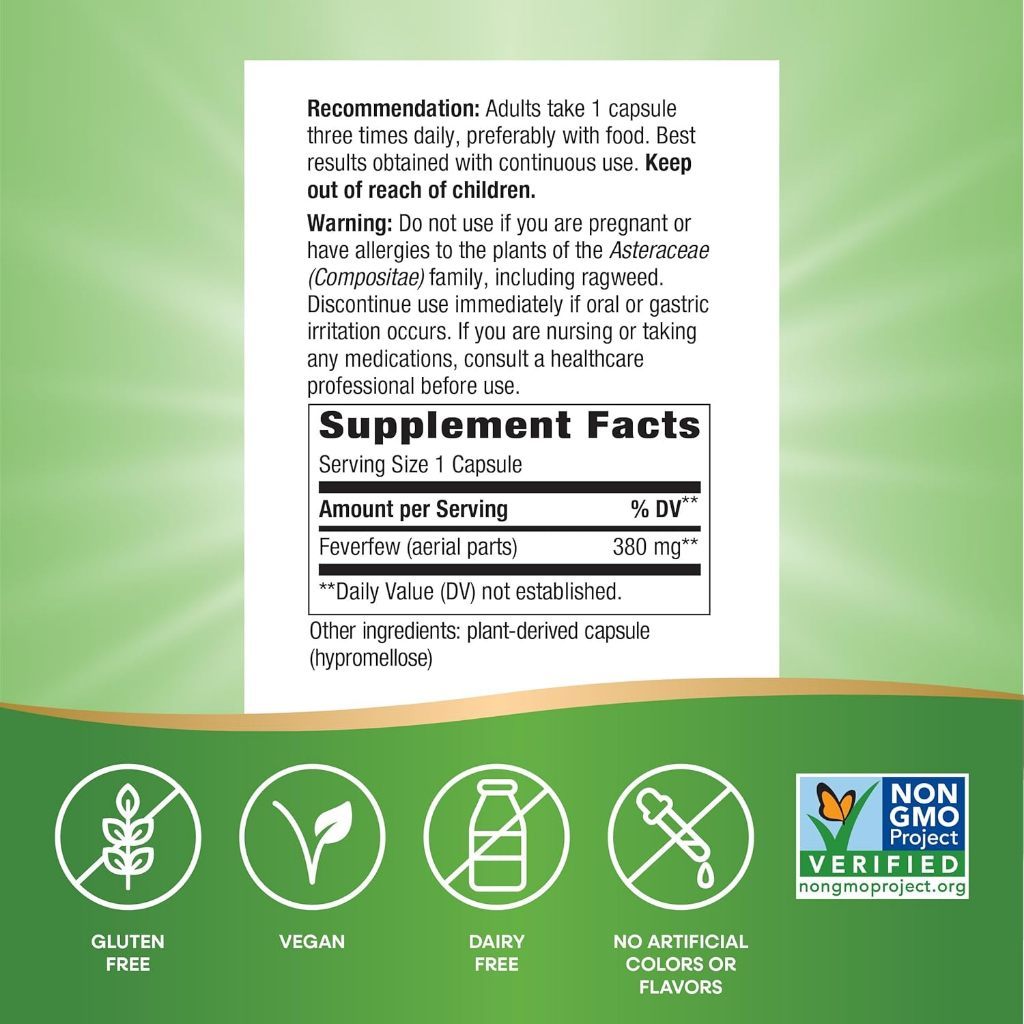 USA Supplements | Nature's Way, Feverfew Herb, 100 Vegan Capsules ( Supports Headache Relief )