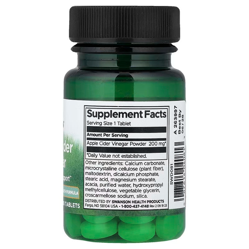 USA Supplements | Swanson, Apple Cider Vinegar, 200 mg, 30 Tablets ( Digestive Support )