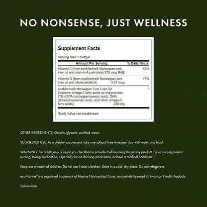 HealthilyYou | Swanson, Norwegian Cod Liver Oil, 350 mg, 250 Softgels Heart and Brain Health