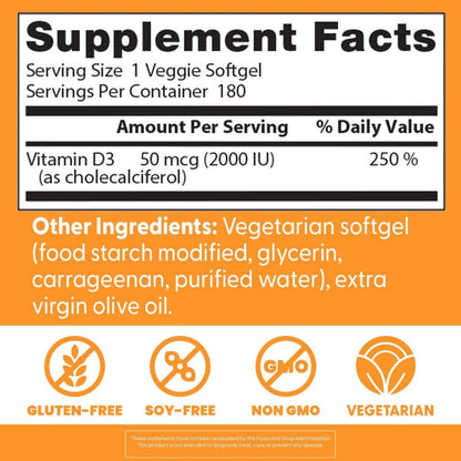 USA Supplements | Doctor's Best, Vitamin D3, 2,000 IU, 180 Softgels ( Bone & Teeth Support )