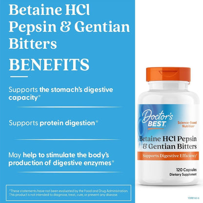 USA Supplements | Doctor's Best, Betaine HCl Pepsin & Gentian Bitters ( Enhances Protein Digestion )