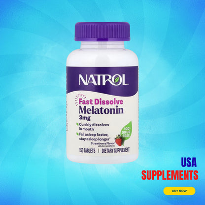 USA Supplements | Natrol, Melatonin, Fast Dissolve, Strawberry, 3 mg 150 Tabs ( Fall Asleep Faster )