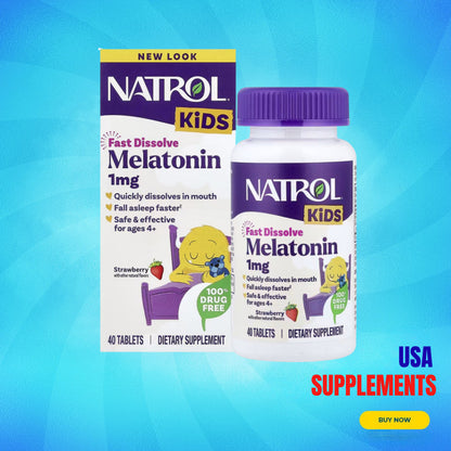 USA Supplements | Natrol, Kids, Melatonin, Ages 4+, Strawberry, 40 Tablets ( Fall Asleep Faster )