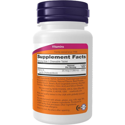 USA Supplements | NOW Foods, Chewable Vitamin D-3, 1,000 IU, 180 Chewables ( Bone Health )