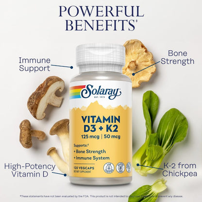 NaturalSolutions | Solaray, Vitamin D3 + K2, VegCaps, Bone & Immune Health Made Without Soy