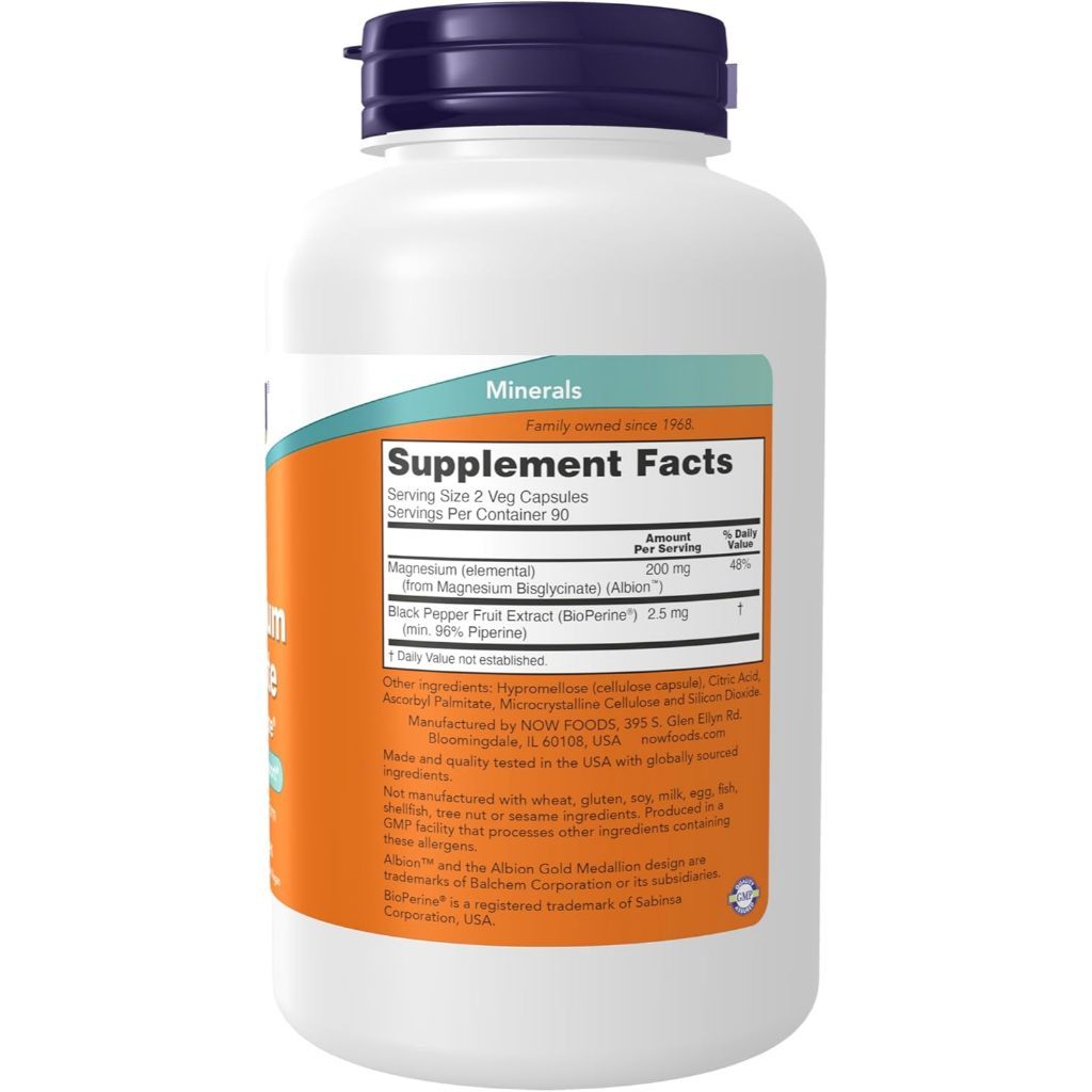 USA Supplements | NOW Foods, Magnesium Glycinate w/ BioPerine, 180 Veg Caps ( Supports Muscle )