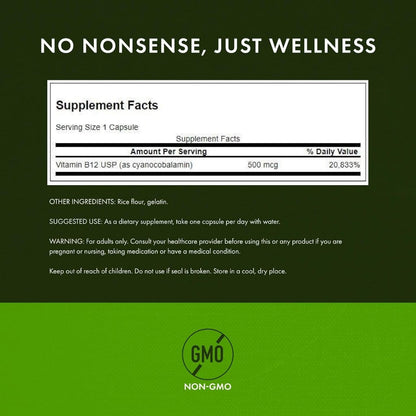 HealthilyYou | Swanson, Vitamin B12, 500 mcg, Capsules, Energy and Metabolism  Vitamin Supplement