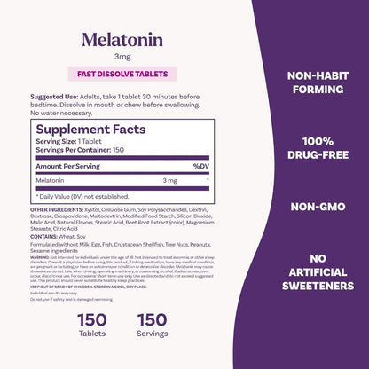 USA Supplements | Natrol, Melatonin, Fast Dissolve, Strawberry, 3 mg 150 Tabs ( Fall Asleep Faster )