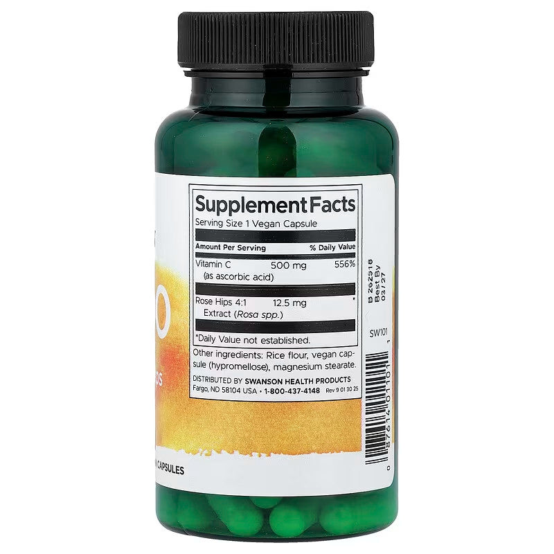 USA Supplements | Swanson, C-500, Vitamin C With Rose Hips, 100 Vegan Capsules ( Immune Health )