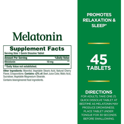 USA Supplements | Nature's Bounty, Melatonin, 10 mg, 45 Quick Dissolve Tablets ( Sleep Support )
