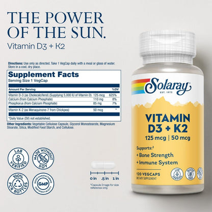 NaturalSolutions | Solaray, Vitamin D3 + K2, VegCaps, Bone & Immune Health Made Without Soy