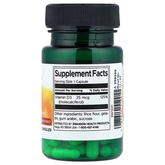 USA Supplements | Swanson, Vitamin D3, High Potency, 25 mcg, 1,000 IU, 30 Capsules ( Bone Health )