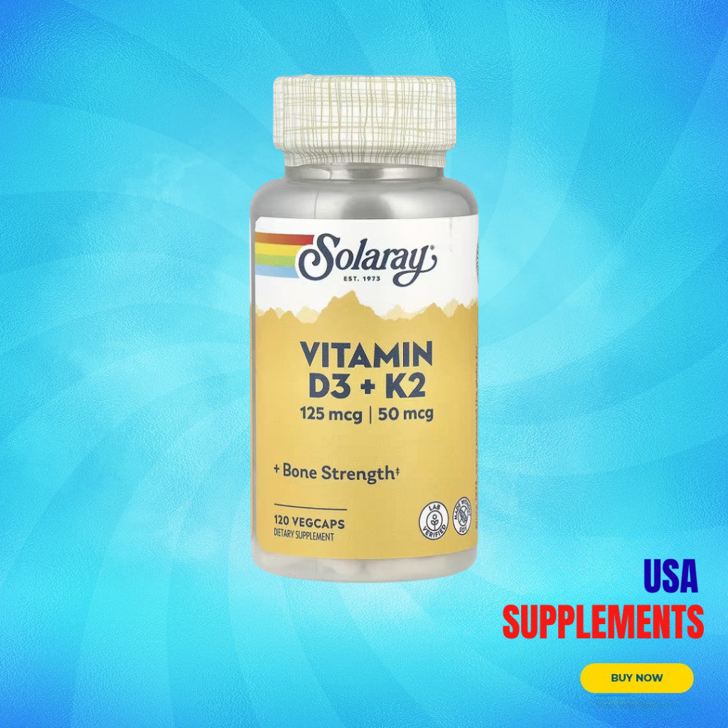 USA Supplements | Solaray, Vitamin D3 + K2, 120 VegCaps ( Bone Health )