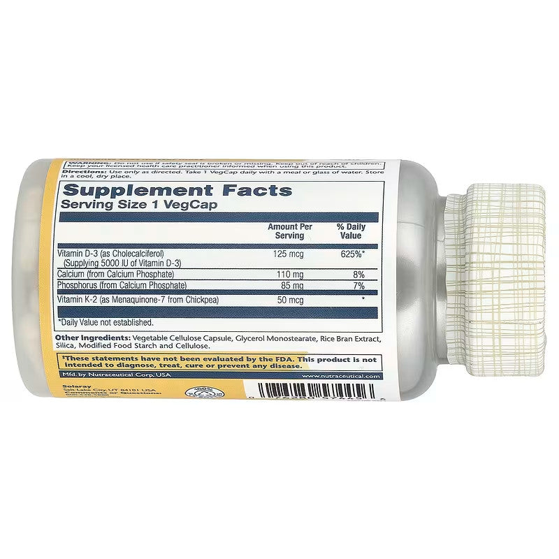 USA Supplements | Solaray, Vitamin D3 + K2, 120 VegCaps ( Bone Health )