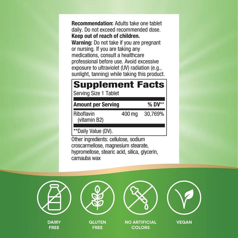 USA Supplements | Nature's Way, Riboflavin Vitamin B2, 400 mg, 30 Tablets ( Energy Metabolism )