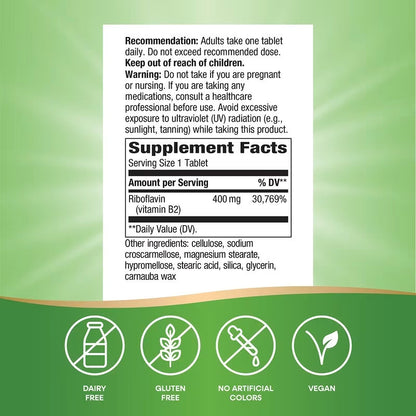 USA Supplements | Nature's Way, Riboflavin Vitamin B2, 400 mg, 30 Tablets ( Energy Metabolism )