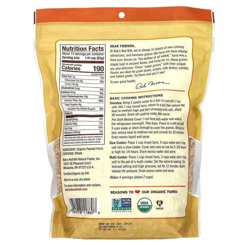 USA Supplements | Bob's Red Mill, Organic Farro ( Supports Digestion and Satiety )