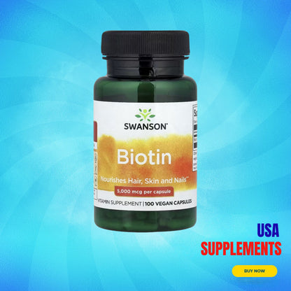 USA Supplements | Swanson, Biotin, 5,000 mcg, 100 Vegan Capsules ( Nourishes Hair, Skin and Nails )