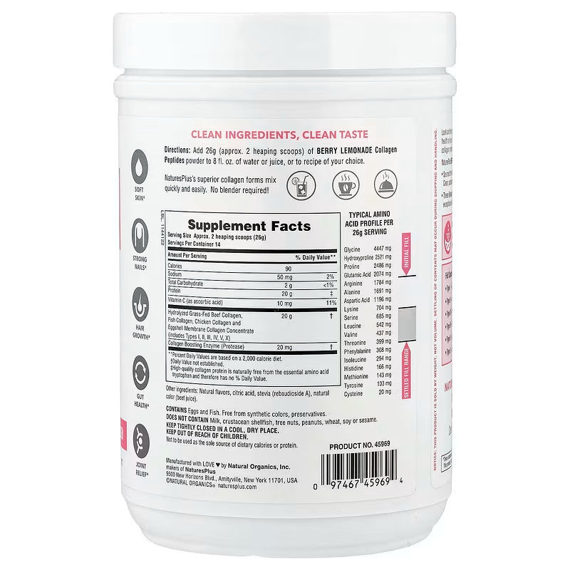 USA Supplements | NaturesPlus, Collagen Peptides, Berry Lemonade, 0.8 lbs ( Skin Support )