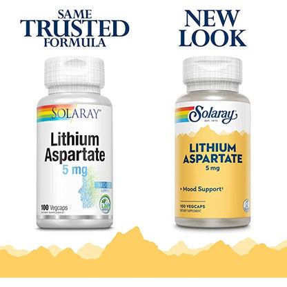 LowCostPH | Solaray, Lithium Aspartate, 5 mg, 100 Vegcaps Mood Support Lab Verified Supplements