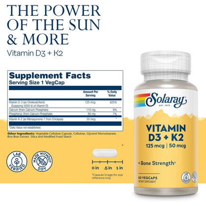LowCostPH | Solaray, Vitamin D3 + K2, 60VegCaps, for Bone Strength, Dietary Supplement