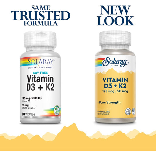 LowCostPH | Solaray, Vitamin D3 + K2, 60VegCaps, for Bone Strength, Dietary Supplement