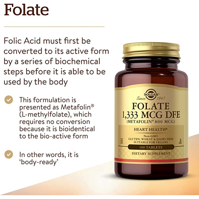 USA Onhand | Solgar, Folate, 1,333 mcg DFE, 400 mcg, Folate as Metafolin, Support Heart Health