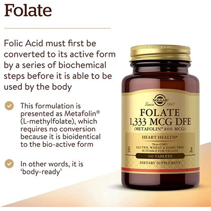 USA Onhand | Solgar, Folate, 1,333 mcg DFE, 400 mcg, Folate as Metafolin, Support Heart Health