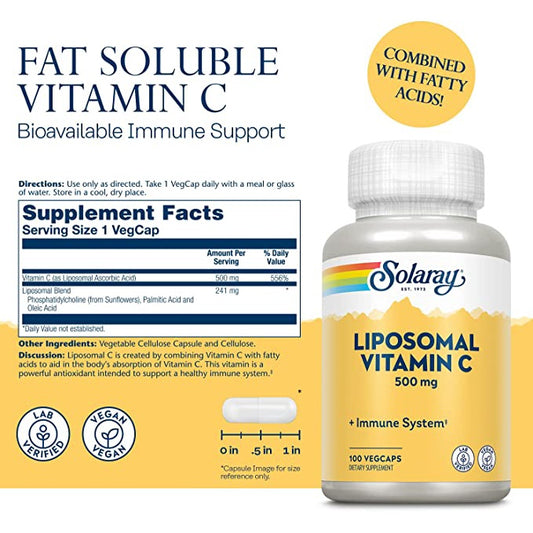 LowCostPh | Solaray, Liposomal Vitamin C, 500 mg, 100 VegCaps,  Buffered Super Bio Vitamin C,1,000mg