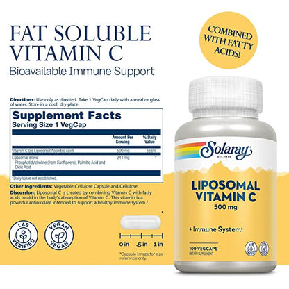 LowCostPh | Solaray, Liposomal Vitamin C, 500 mg, 100 VegCaps,  Buffered Super Bio Vitamin C,1,000mg