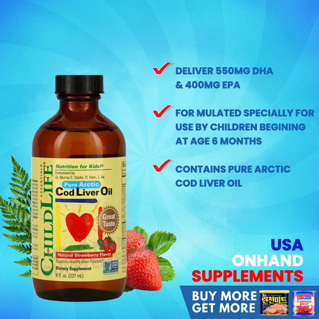USA Onhand | Childlife Pure Arctic Cod Liver Oil, Natural Strawberry Supports Healthy Brain Function