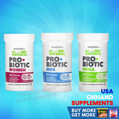USA Onhand | Natures Plus GI Natural Probiotic Mega 35 strain Men 21Strain Women Dietary Supplements