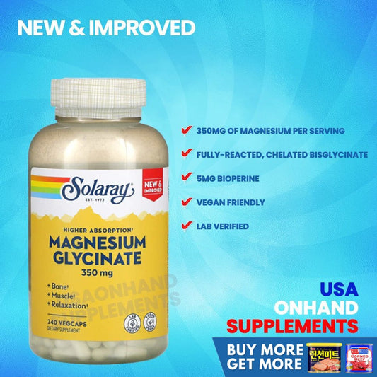 USA Onhand |  Solaray Higher Absorption Magnesium Glycinate, 350 mg, 240 VegCaps Dietary Supplements